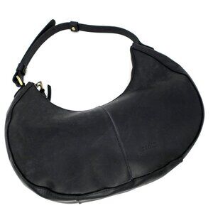 S-ZONE Cowhide Leather Crescent Bag Top Grain Black Leather Half Moon Purse